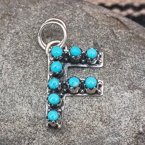 Southwest Letter Initial F Pendant Sterling Silver Snake Eye Turquoise 1 1/8"